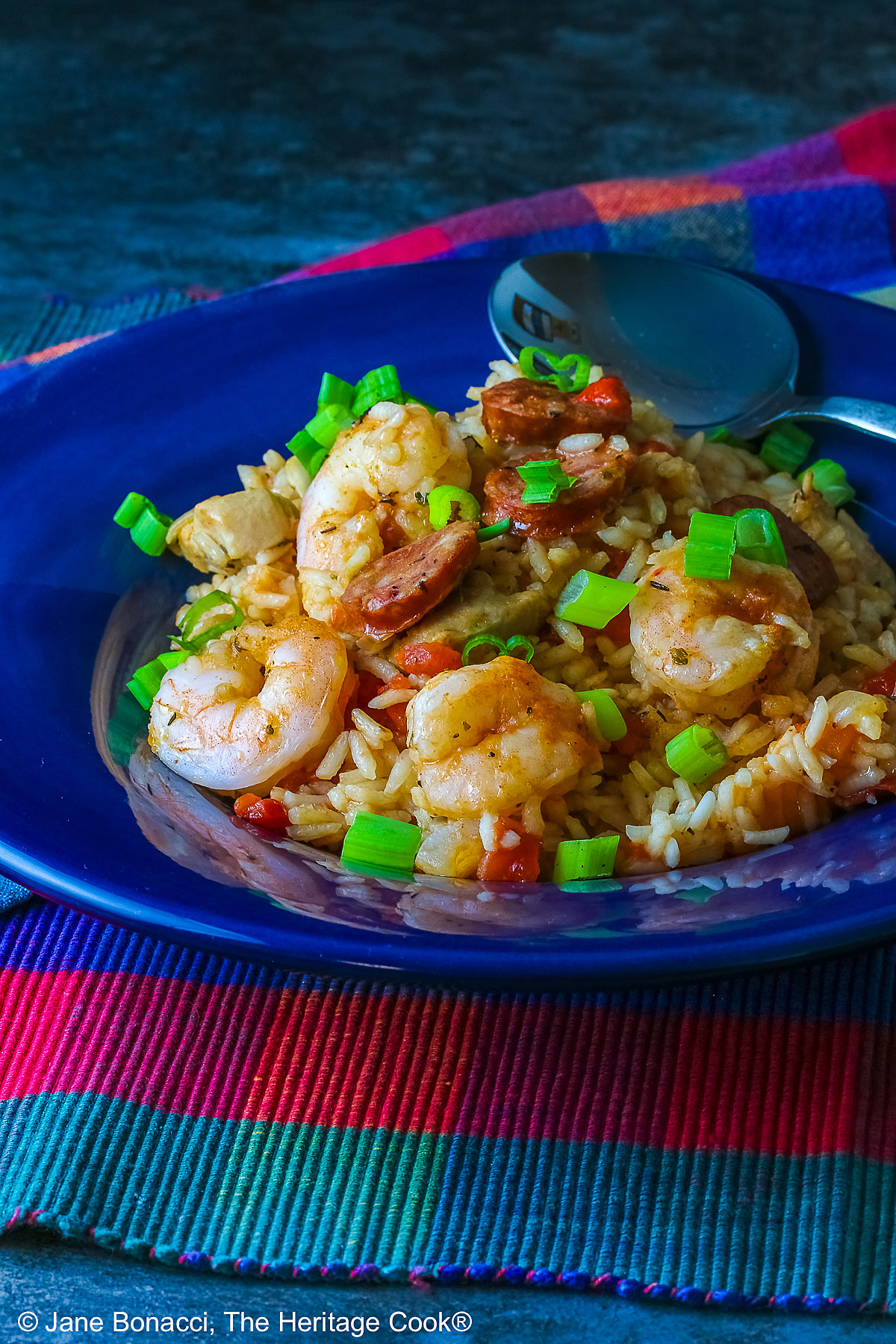 Mound of Easy New Orleans Jambalaya with chicken, shrimp, and sausages prominently placed and sprinkled with sliced green onions all in a dark blue bowl sitting on a brightly colored checked cloth © 2026 Jane Bonacci, The Heritage Cook.