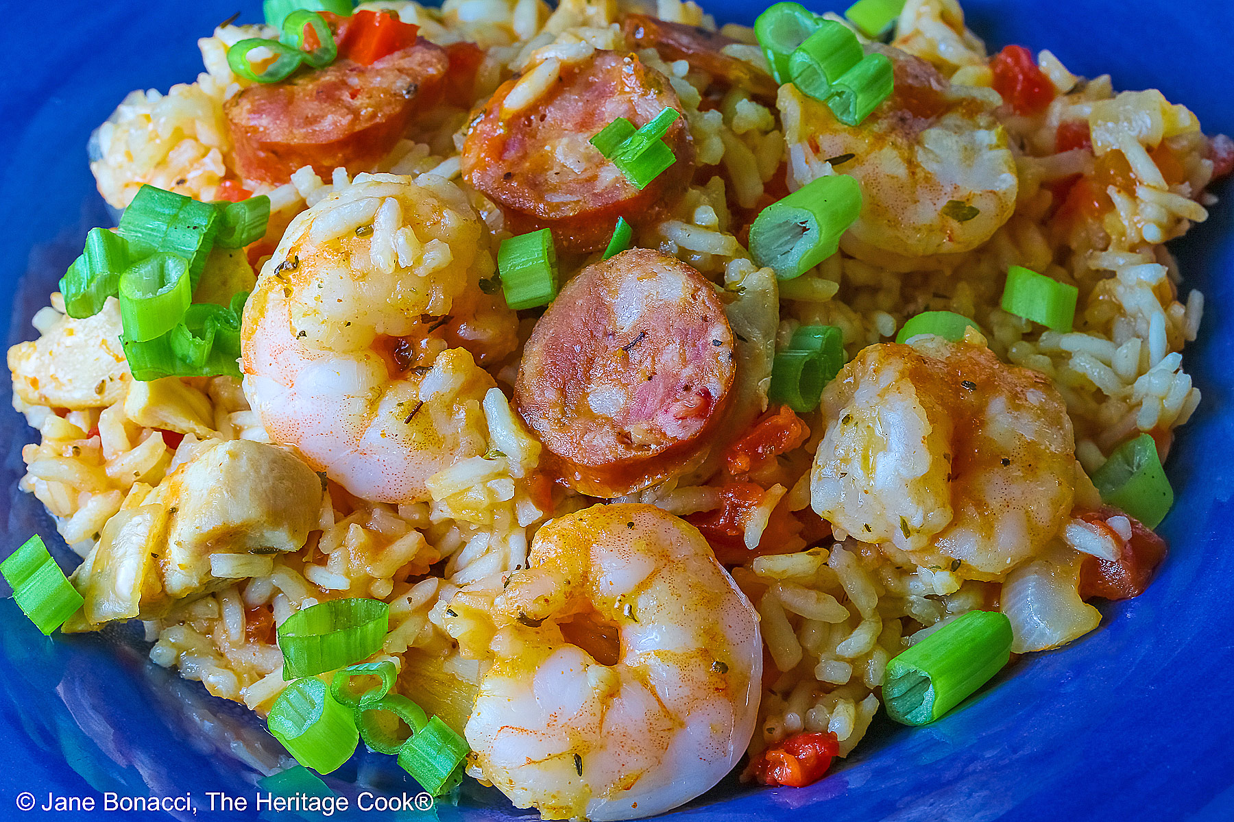 Mound of Easy New Orleans Jambalaya with chicken, shrimp, and sausages prominently placed and sprinkled with sliced green onions all in a dark blue bowl sitting on a brightly colored checked cloth © 2026 Jane Bonacci, The Heritage Cook.