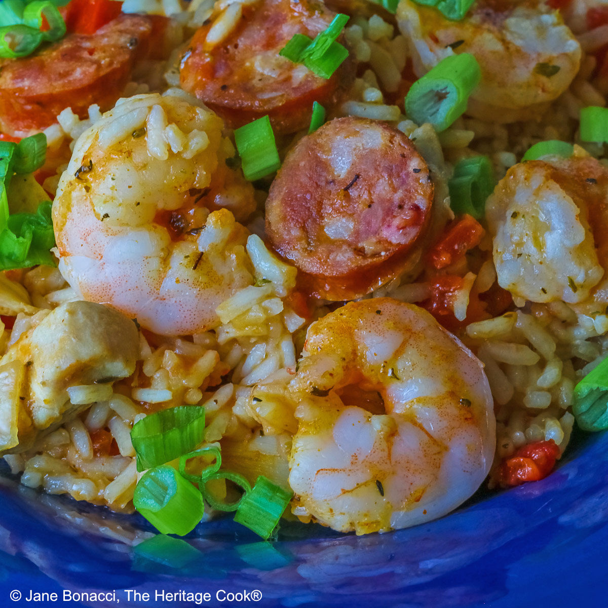 Mound of Easy New Orleans Jambalaya with chicken, shrimp, and sausages prominently placed and sprinkled with sliced green onions all in a dark blue bowl sitting on a brightly colored checked cloth © 2026 Jane Bonacci, The Heritage Cook.