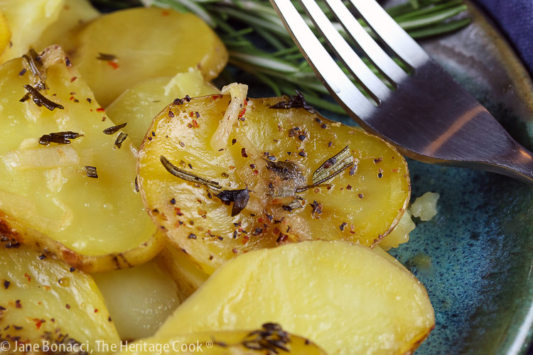 Plate of Dairy Free Creamy Potato Gratin ready for a fancy or casual dinner or special occasion © 2021 Jane Bonacci, The Heritage Cook