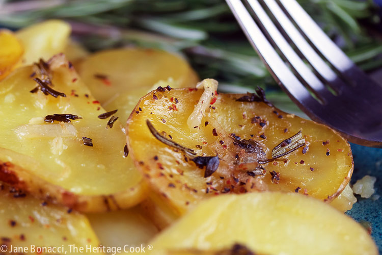 Plate of Dairy Free Creamy Potato Gratin ready for a fancy or casual dinner or special occasion © 2021 Jane Bonacci, The Heritage Cook