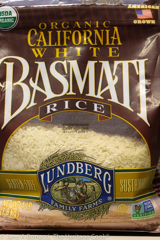 bag of basmati rice; Easy Saffron Rice © 2021 Jane Bonacci, The Heritage Cook
