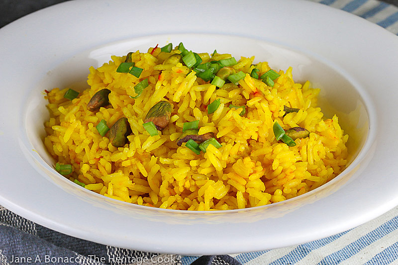 Full bowl of saffron rice; Easy Saffron Rice © 2021 Jane Bonacci, The Heritage Cook