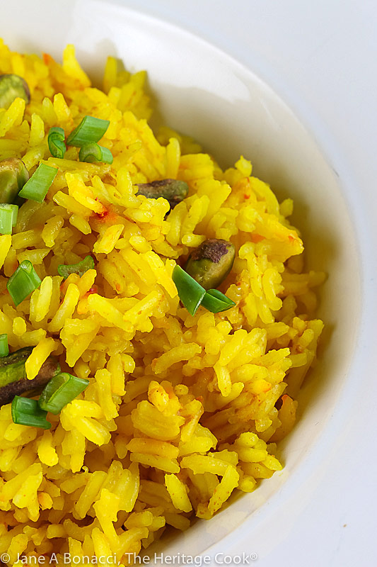 half of full bowl of saffron rice; Easy Saffron Rice © 2021 Jane Bonacci, The Heritage Cook