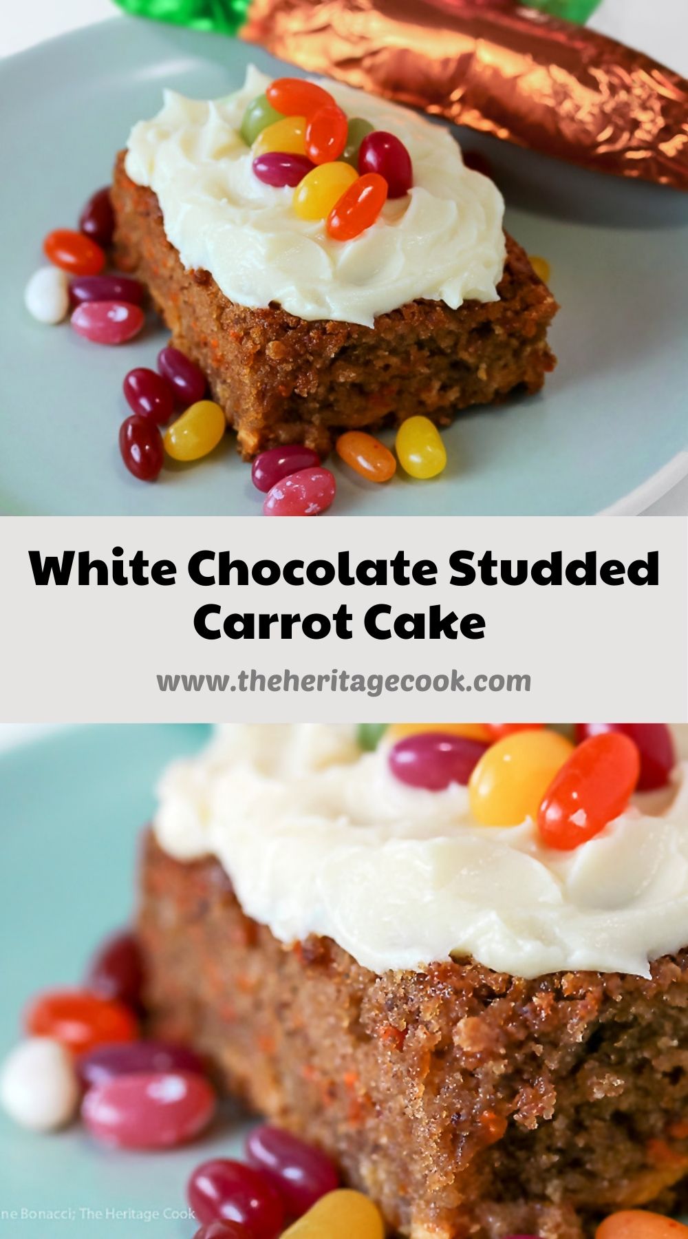 White Chocolate Studded Carrot Cake with Cream Cheese Frosting for Easter; © 2021 Jane Bonacci, The Heritage Cook