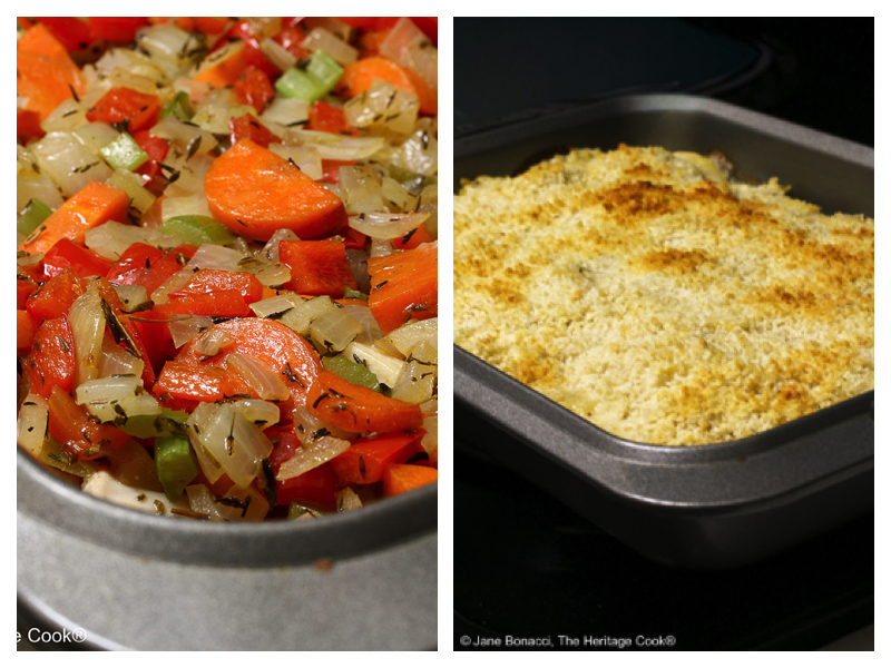 Two images - Left is layered chicken and vegetables; Right is the finished casserole hot from the oven.
