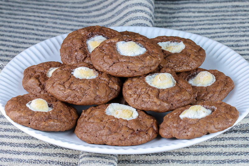 full plate of cookies; Chocolate Marshmallow Cookies © 2021 Jane Bonacci, The Heritage Cook