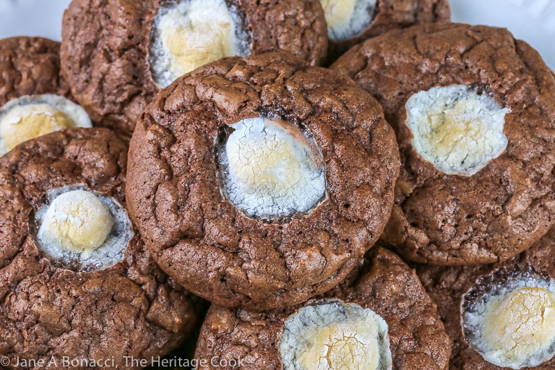 top down on plate of cookies; Chocolate Marshmallow Cookies © 2021 Jane Bonacci, The Heritage Cook