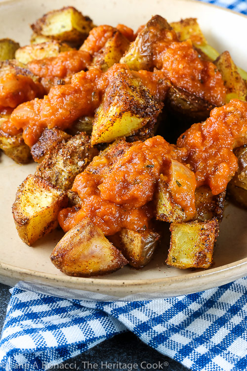 Plate of Patatas Bravas (Gluten Free) © 2021 Jane Bonacci, The Heritage Cook