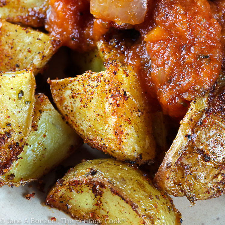 Close up of roasted Patatas Bravas (Gluten Free) © 2021 Jane Bonacci, The Heritage Cook