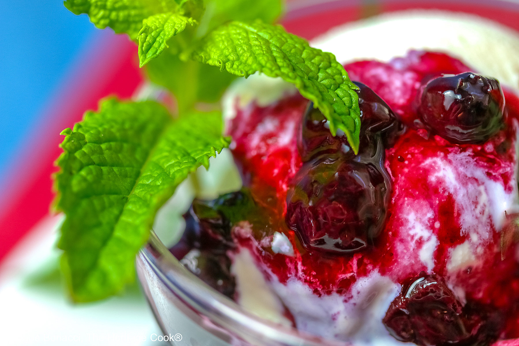 Tight shot of the blueberry sauce, a lovely dark pink/red on white vanilla ice cream and a sprig of mint. 