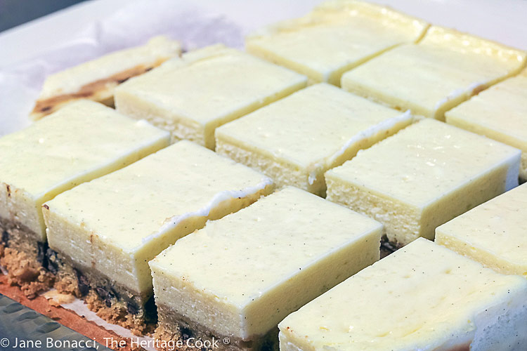 After cooling, cut into bars; Cheesecake Bars with Chocolate Chip Cookie Crust © 2021 Jane Bonacci, The Heritage Cook