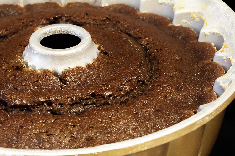 baked bundt cake in the pan fresh from the oven; Gluten Free Chocolate Bundt Cake © 2021 Jane Bonacci, The Heritage Cook