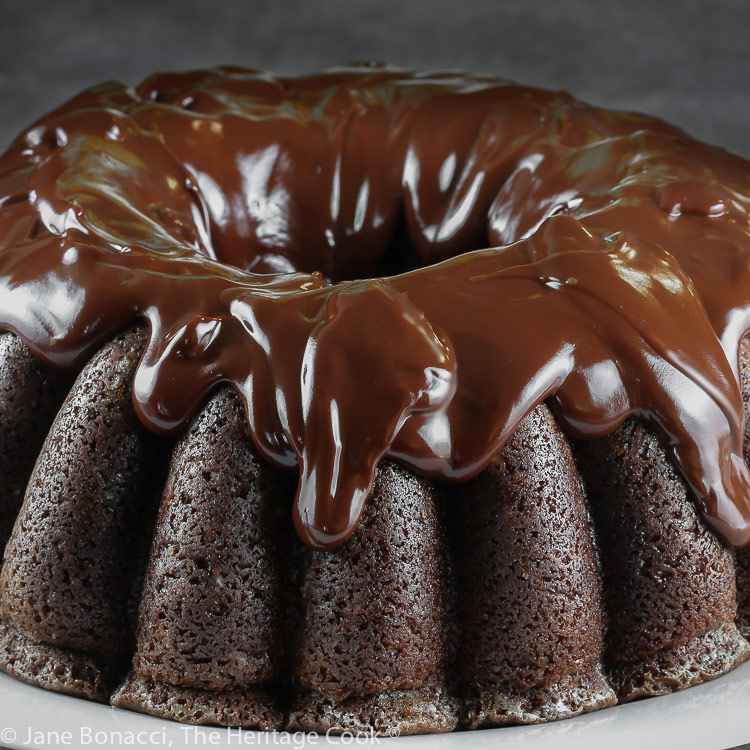 close up of whole chocolate bundt cake with chocolate glaze; Gluten Free Chocolate Bundt Cake © 2021 Jane Bonacci, The Heritage Cook