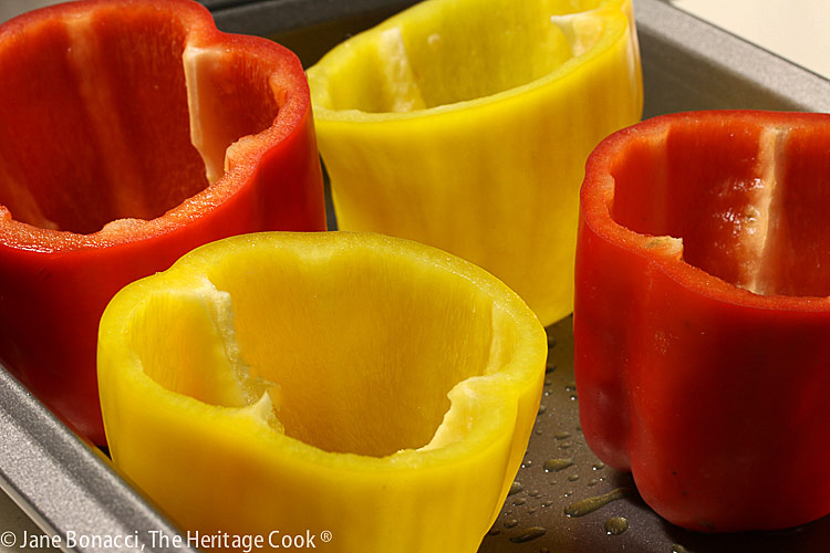 red and yellow bell peppers cleaned and ready for stuffing