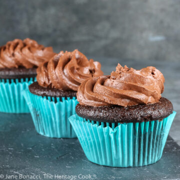 Chocolate Cupcakes with Dark Ganache Frosting © 2022 Jane Bonacci, The Heritage Cook