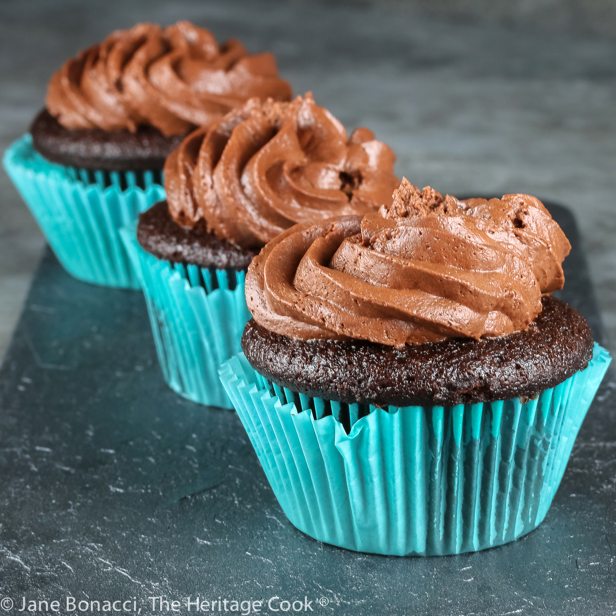 Chocolate Cupcakes with Dark Ganache Frosting © 2022 Jane Bonacci, The Heritage Cook.