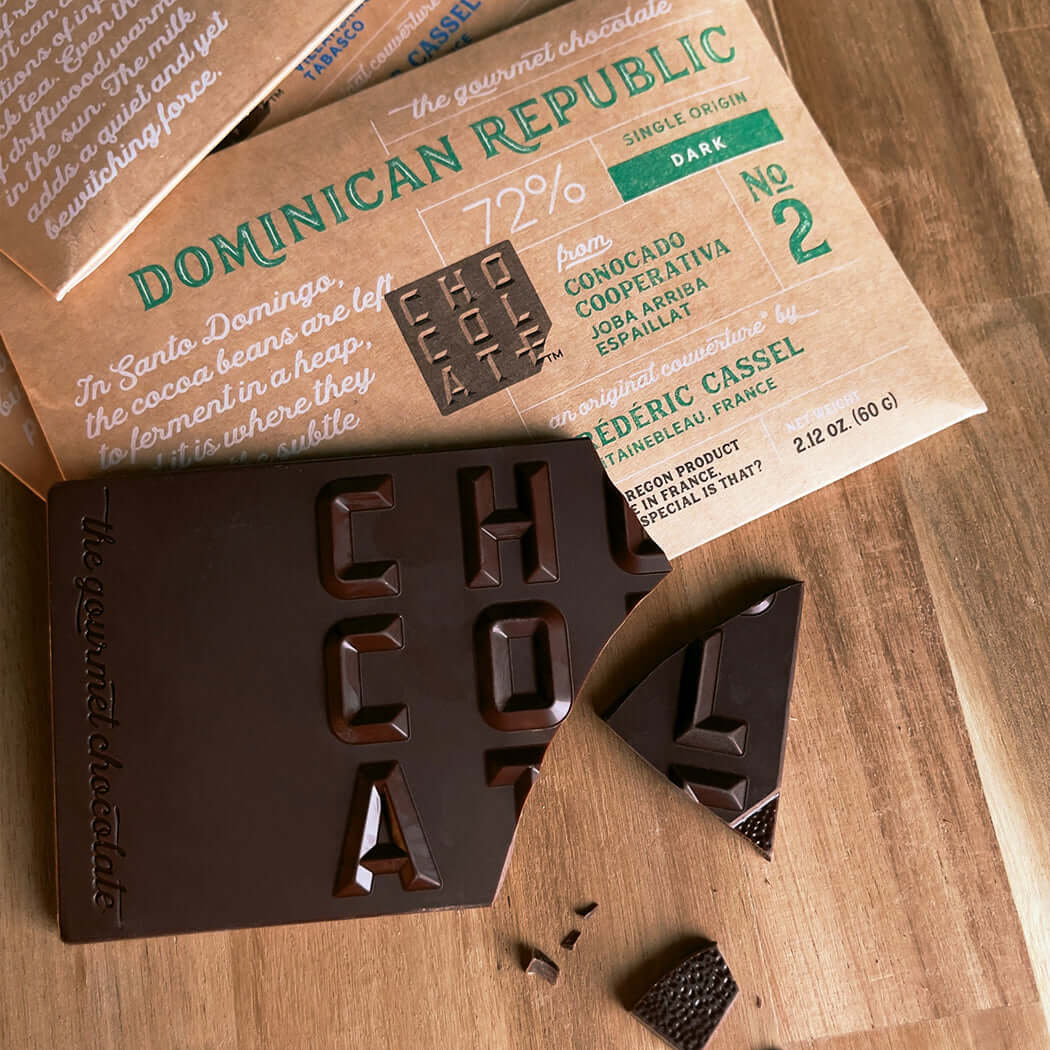 Shattered bar of chocolate on packaging; Chocolat-e chocolates, Portland, Oregon