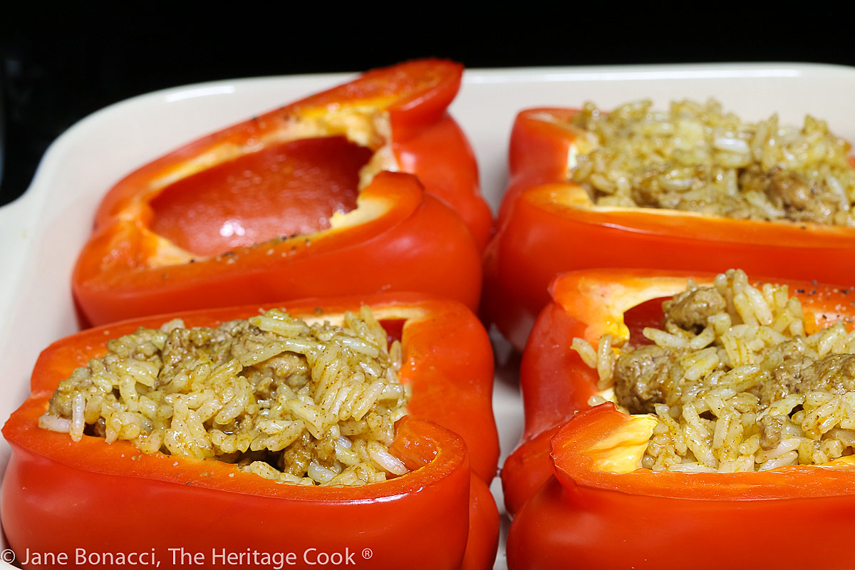 stuffing bell peppers with beef/rice mixture; Mexican Beef and Rice Stuffed Peppers © 2022 Jane Bonacci, The Heritage Cook 