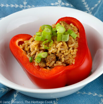 close up of stuffed bell pepper; Mexican Beef and Rice Stuffed Peppers © 2022 Jane Bonacci, The Heritage Cook