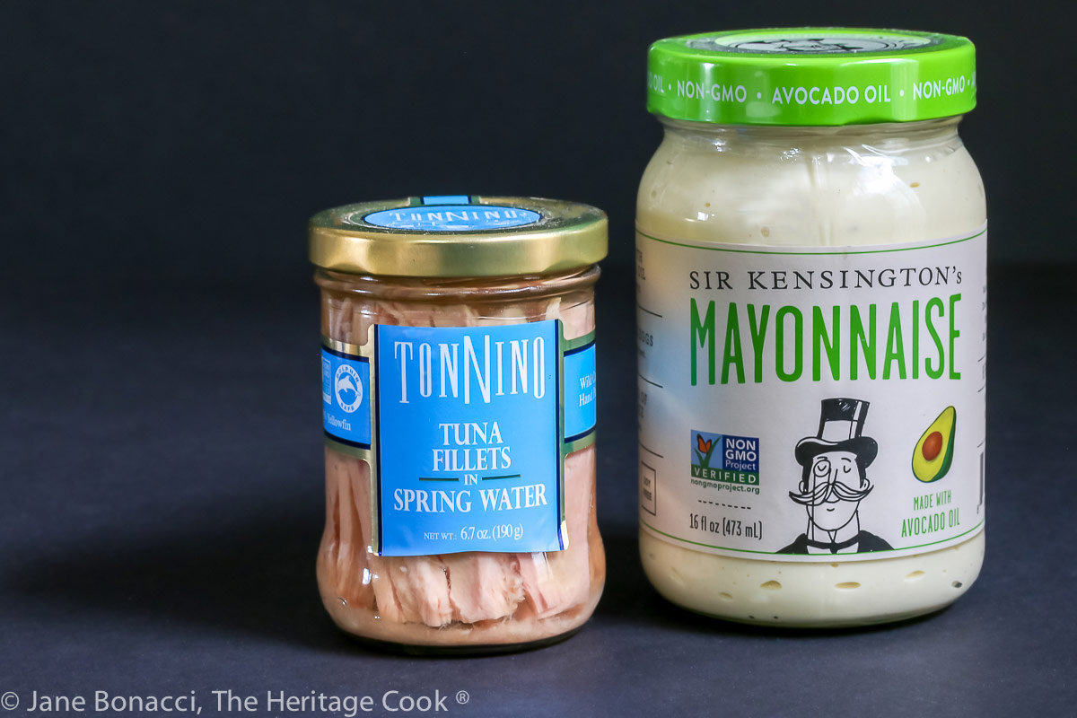 Jars of tuna and mayonnaise to make the California Tuna Melt sandwiches; California Tuna Melts (Gluten Free); grilled tuna salad sandwiches with cheese and avocado © 2022 Jane Bonacci, The Heritage Cook