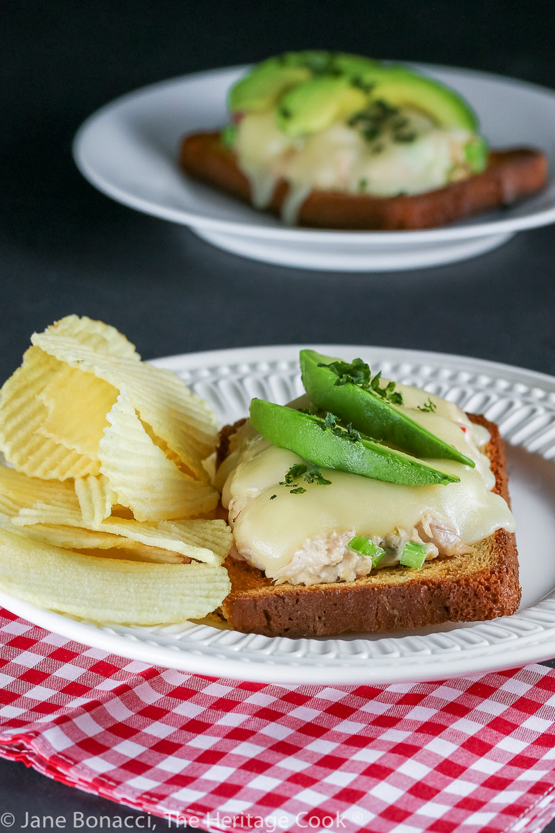 California Tuna Melts (Gluten Free); grilled tuna salad sandwiches with cheese and avocado © 2022 Jane Bonacci, The Heritage Cook