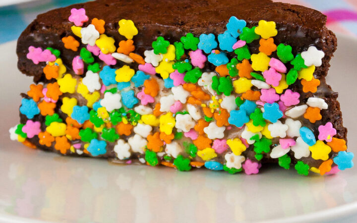 Triangular Brownie Ice Cream Sandwiches with the edges dipped in a variety of items, like rainbow sprinkles, coconut, and chocolate chunks stacked on a white marble turntable in front of a bright orange pitcher, with a white plate in front with a single ice cream sandwich dipped in rainbow sprinkles on it, sitting on a brightly colored pastel checked cloth © 2026 Jane Bonacci, The Heritage Cook.