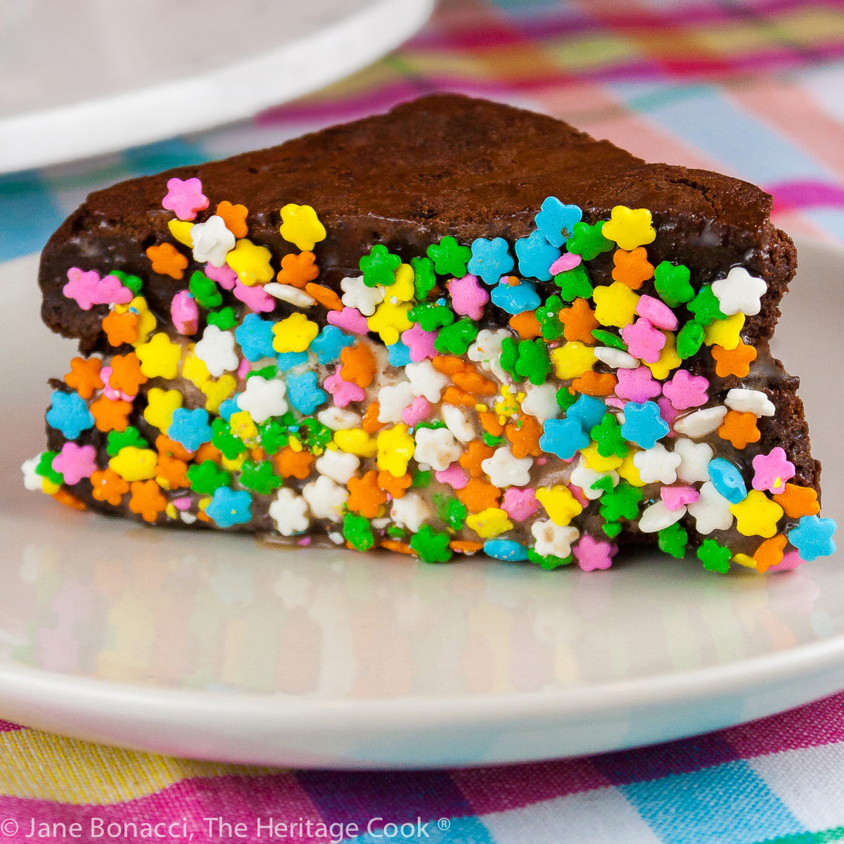 Triangular Brownie Ice Cream Sandwiches with the edges dipped in a variety of items, like rainbow sprinkles, coconut, and chocolate chunks stacked on a white marble turntable in front of a bright orange pitcher, with a white plate in front with a single ice cream sandwich dipped in rainbow sprinkles on it, sitting on a brightly colored pastel checked cloth © 2026 Jane Bonacci, The Heritage Cook.