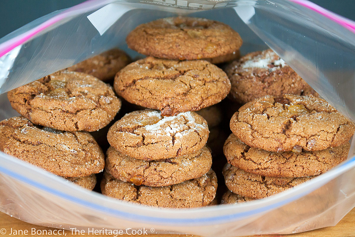 stacks of cookies in a plastic bag for storing; Ginger Chocolate Chip Cookies; © 2022 Jane Bonacci, The Heritage Cook