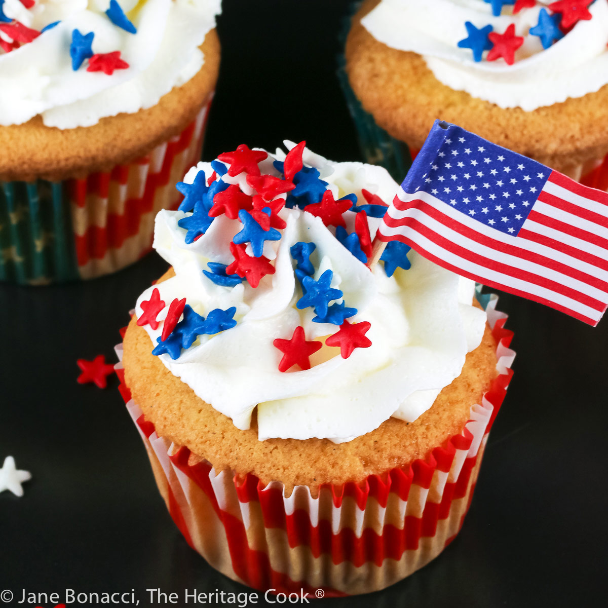 Macadamia Nut White Chocolate Cupcakes for the 4th of July Celebrations © 2022 Jane Bonacci, The Heritage Cook