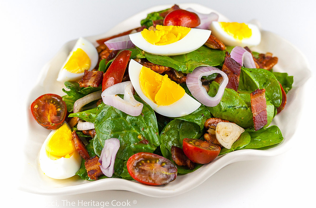 top down look at New Classic Spinach Salad (Gluten Free); 2022 Jane Bonacci, The Heritage Cook