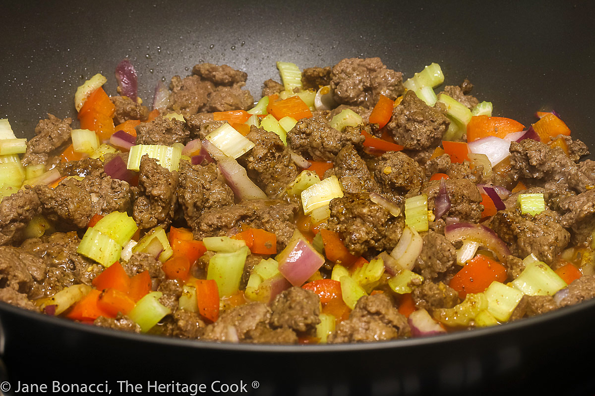 Cooking the meat and veggies in large skillet; Tex-Mex Skillet Dinner from The Migraine Relief Plan Cookbook by Stephanie Weaver © 2022 Jane Bonacci, The Heritage Cook