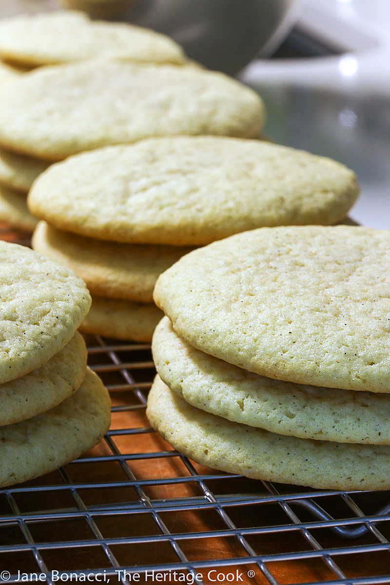Stacks of freshly baked sugar cookies waiting for frosting. 