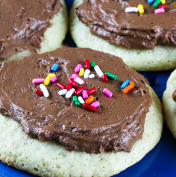Puffy sugar cookies topped with creamy and rich chocolate frosting, some with colorful sprinkles; Chocolate Frosted Sugar Cookies © 2022 Jane Bonacci, The Heritage Cook.