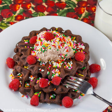 Chocolate Waffles and Chocolate Whipped Cream with sprinkles (Gluten-Free) © 2022 Jane Bonacci, The Heritage Cook