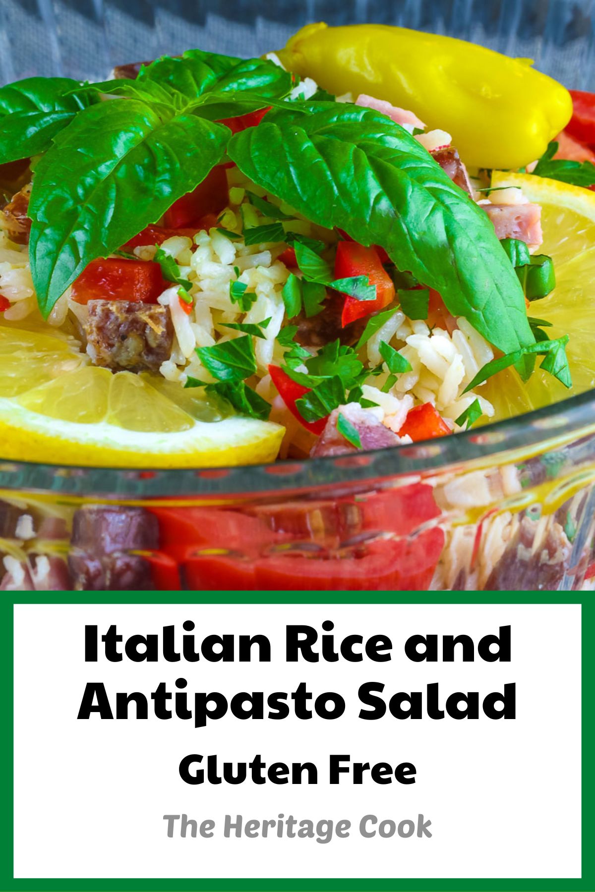 Bowl of rice studded with Italian meats, vegetables, pepperoncini, cheese, and basil - Italian Rice and Antipasto Salad GF © 2022 Jane Bonacci, The Heritage Cook.