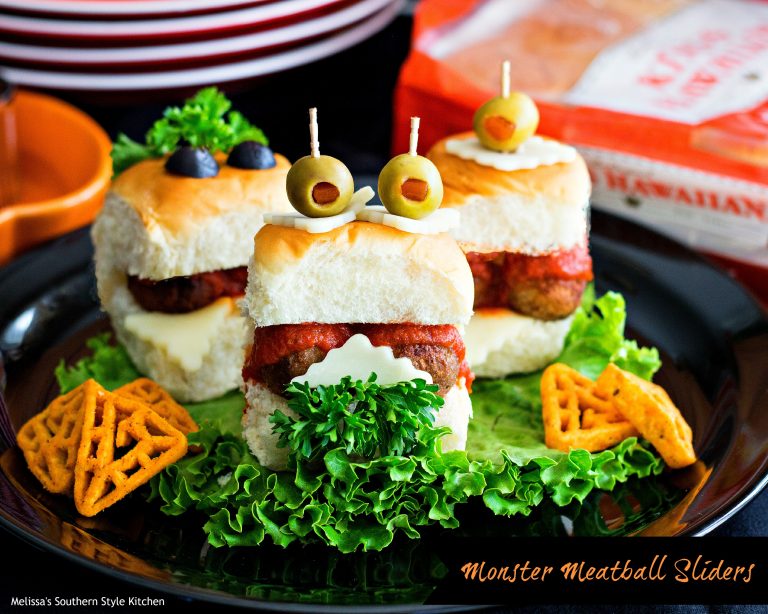 Monster Meatball Sliders; Part of 15 Spooky Savory Halloween Dishes, assembled by Jane Bonacci, The Heritage Cook, 2022. 