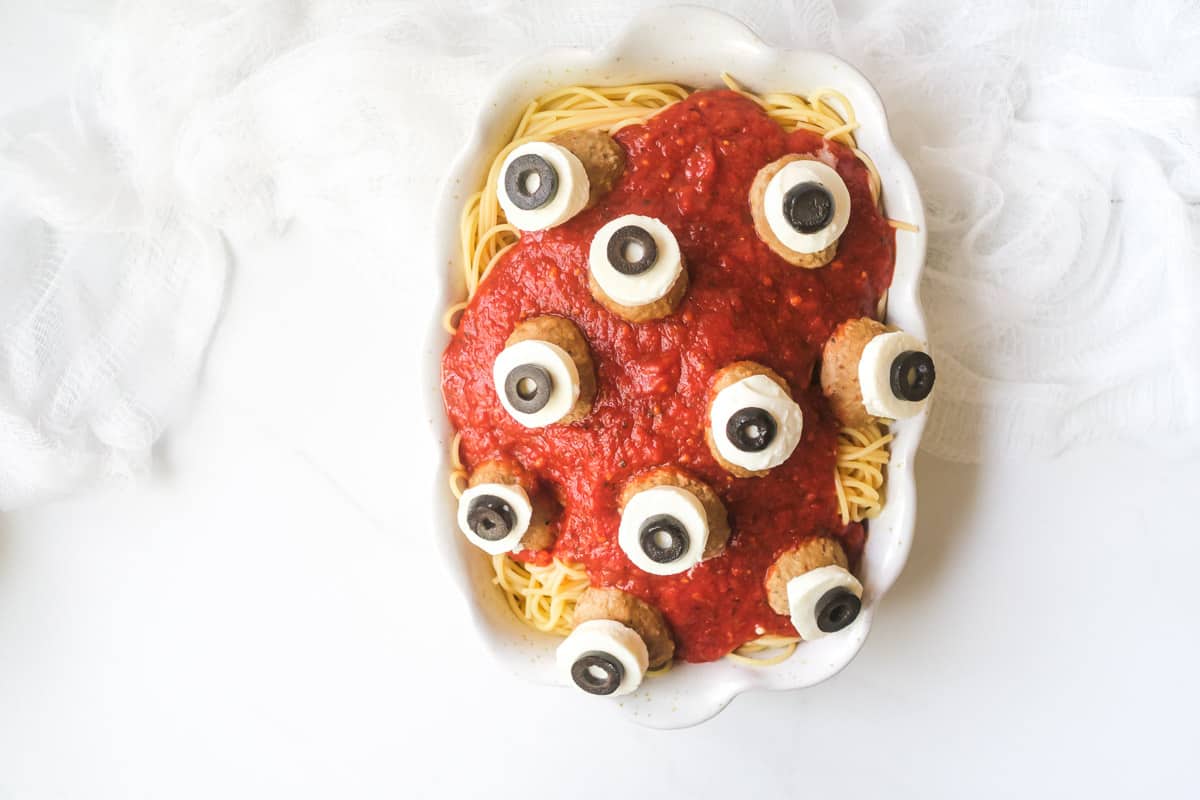 Halloween Eyeball Spaghetti; Part of 15 Spooky Savory Halloween Dishes, assembled by Jane Bonacci, The Heritage Cook, 2022. 