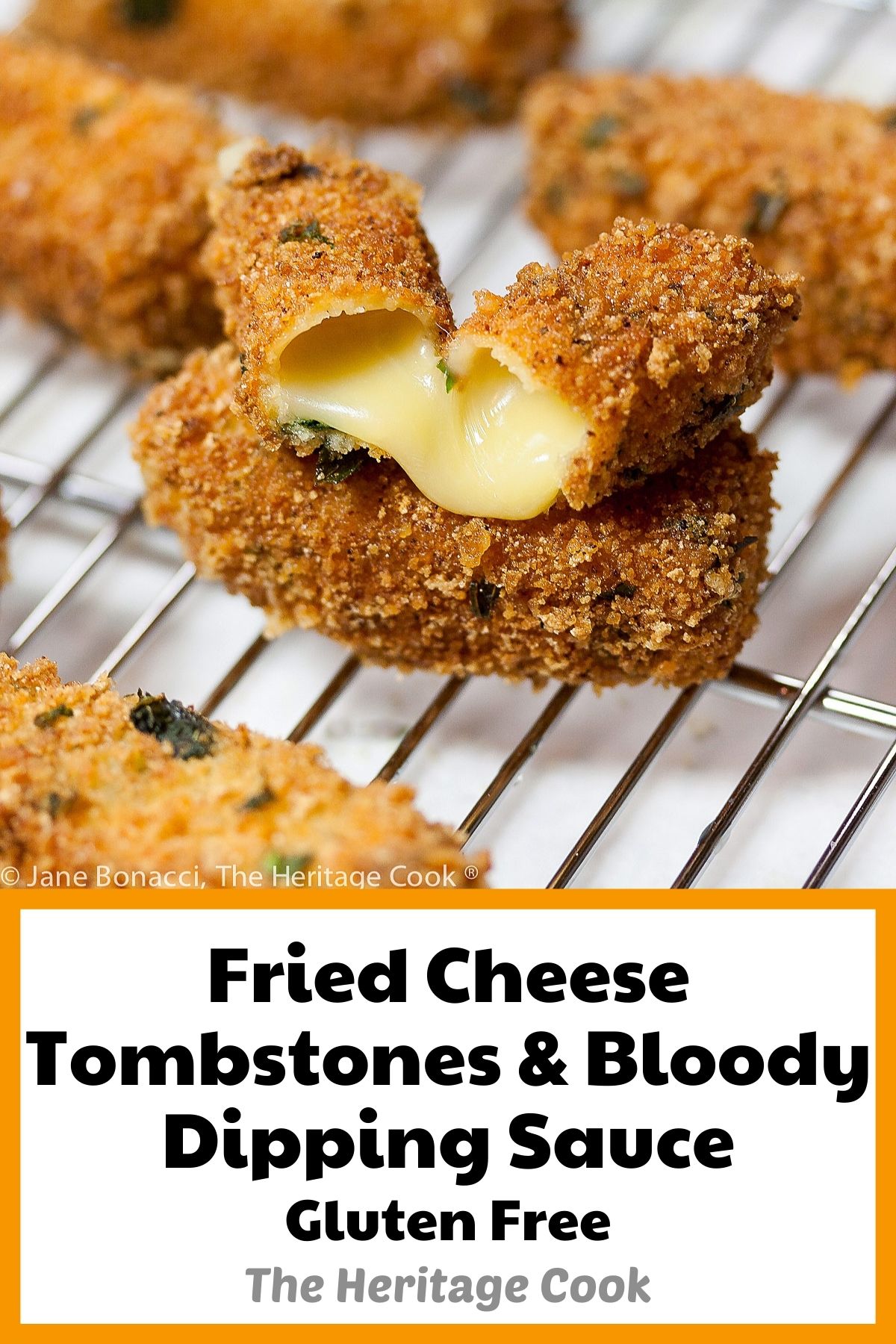 Sticks of cheese, breaded in gluten-free breading and fried golden brown, served with deep red marinara sauce; Fried Cheese Tombstones with Blood Red Dipping Sauce © 2022 Jane Bonacci, The Heritage Cook.
