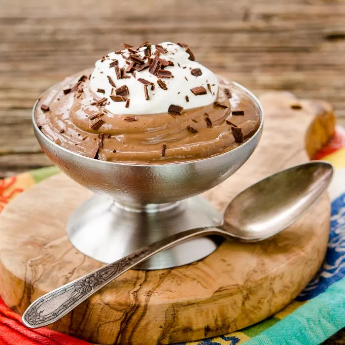 cup of bourbon chocolate pudding; Part of a round-up collection of recipes compiled by Jane Bonacci, The Heritage Cook, 15 Chocolate Desserts for your Holiday Table. 