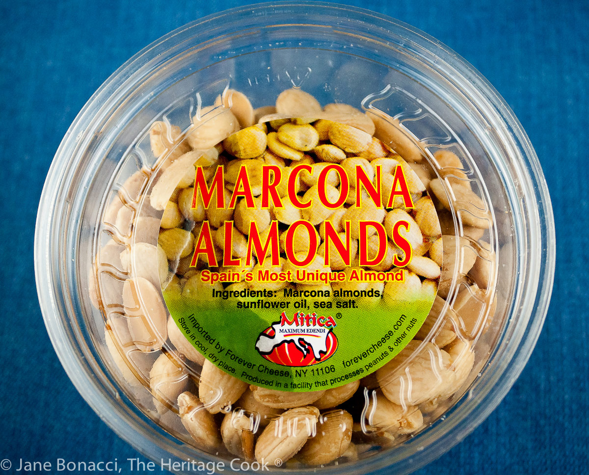 Container of Marcona almonds. 