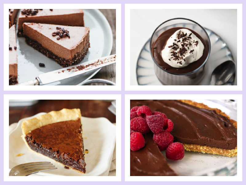 Collage of four of the included recipes; Part of a round-up collection of recipes compiled by Jane Bonacci, The Heritage Cook, 15 Chocolate Desserts for your Holiday Table