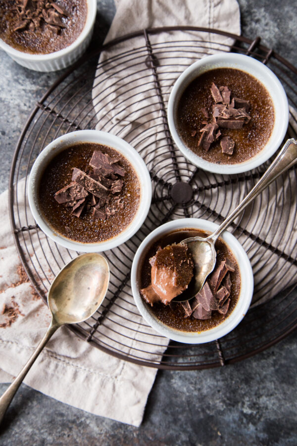 top down view of cups of Double Chocolate Creme Brulee; Part of a round-up collection of recipes compiled by Jane Bonacci, The Heritage Cook, 15 Chocolate Desserts for your Holiday Table. 