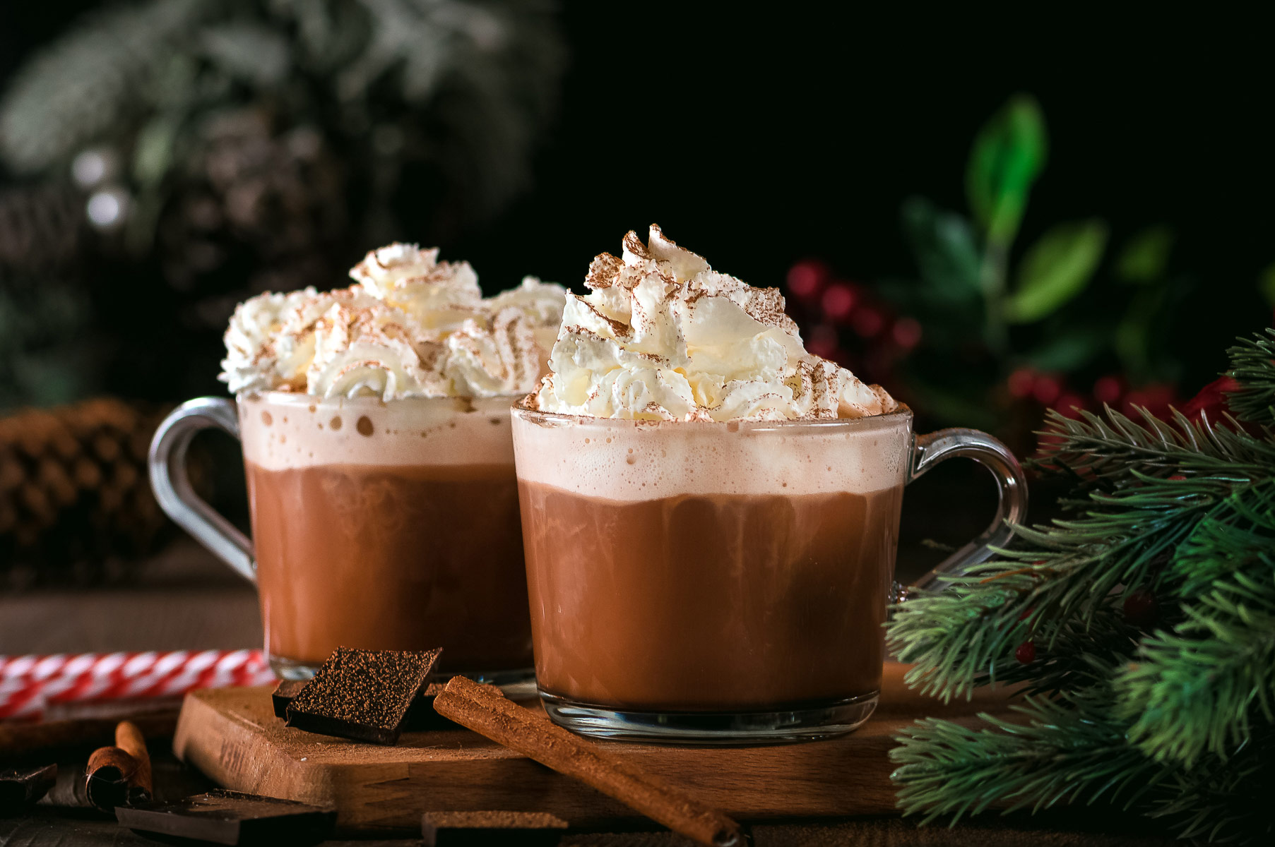 Mugs of hot cocoa with whipped cream on top; Peppermint Triple Chocolate Hot Cocoa, 2022 Jane Bonacci, The Heritage Cook. 