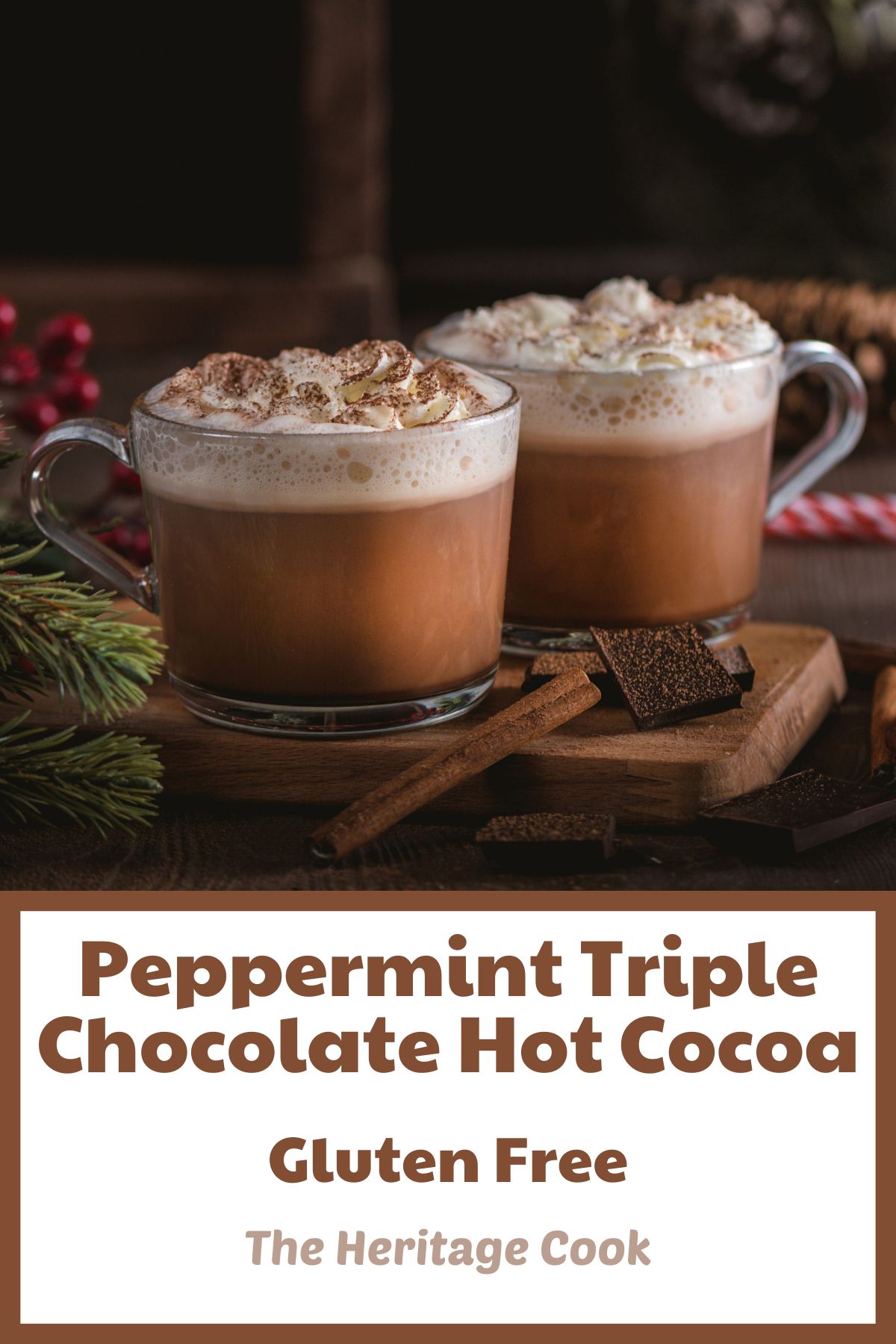 Mugs of hot cocoa with whipped cream on top; Peppermint Triple Chocolate Hot Cocoa, 2022 Jane Bonacci, The Heritage Cook.