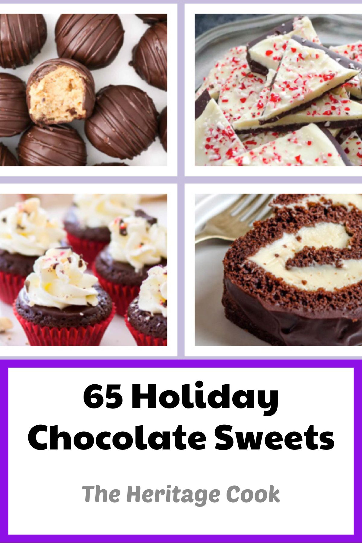 Collection of 65 chocolate holiday sweet recipes, assembled by Jane Bonacci, The Heritage Cook. 