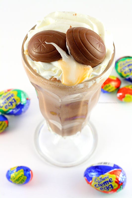 Chocolate milk shake in a glass with chocolate eggs on top; 21 different chocolate treats in this blog post round-up are swoon-worthy; 21 Chocolate Easter Treats round-up 2023; assembled by Jane Bonacci, The Heritage Cook. 