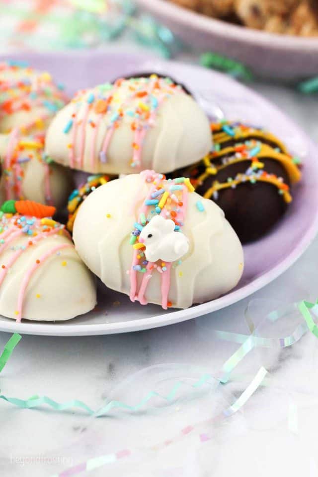 Plate of cookie dough filled chocolate eggs; 21 different chocolate treats in this blog post round-up are swoon-worthy; 21 Chocolate Easter Treats round-up 2023; assembled by Jane Bonacci, The Heritage Cook. 