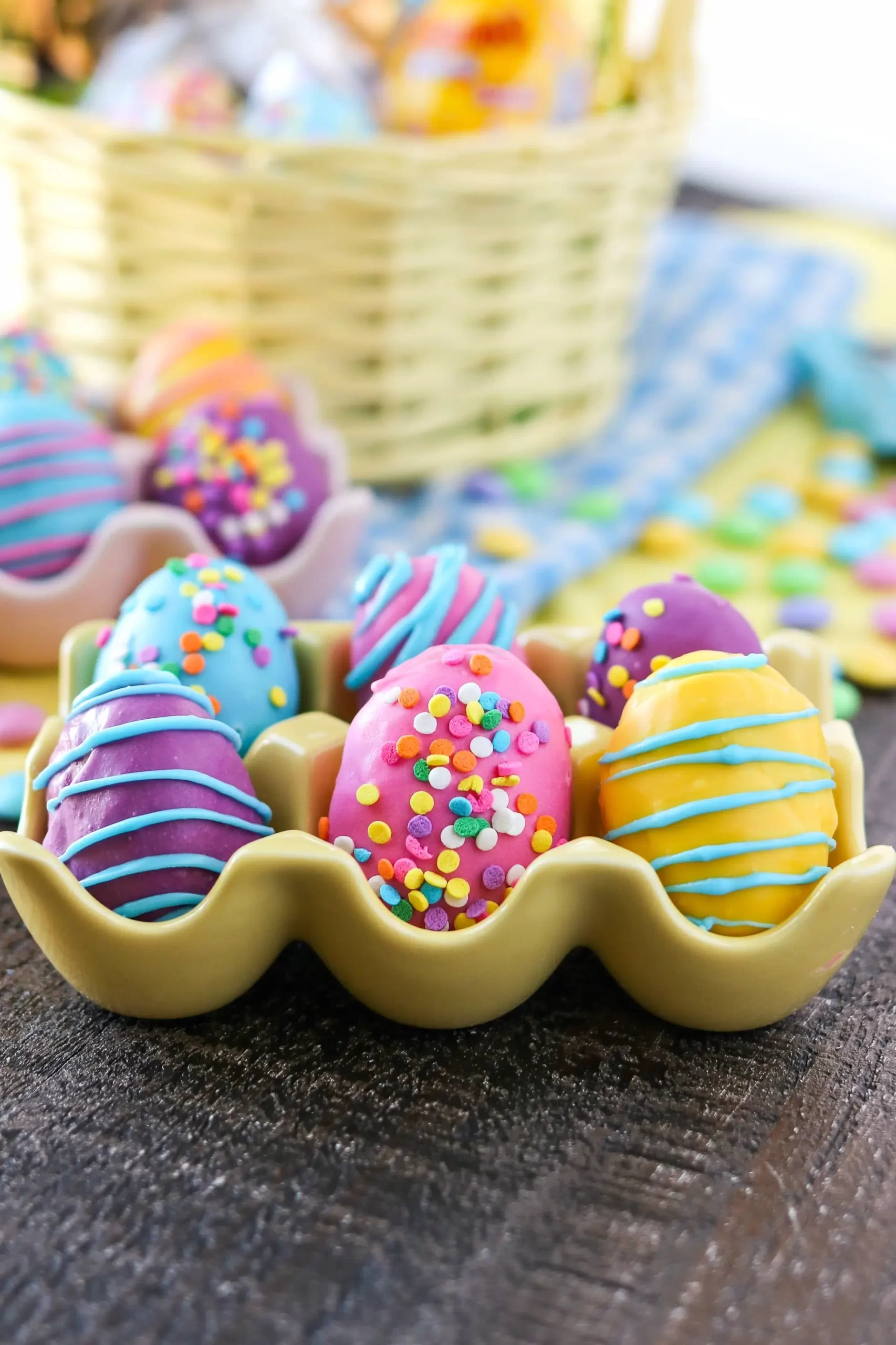 Brightly decorated candy eggs; 21 different chocolate treats in this blog post round-up are swoon-worthy; 21 Chocolate Easter Treats round-up 2023; assembled by Jane Bonacci, The Heritage Cook. 