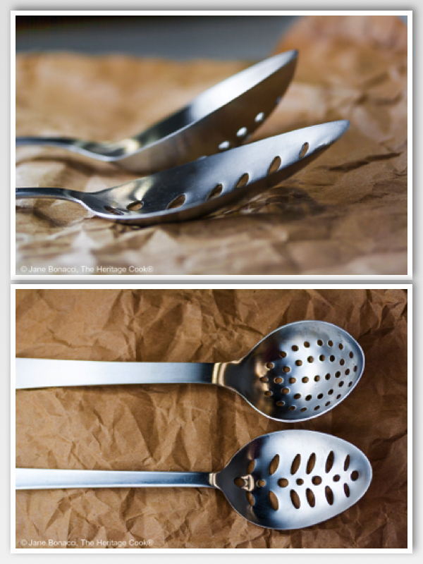 Two different types of slotted spoons to use for poaching eggs.